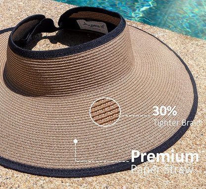 Joywant Womens Sun Visor Hats, Packable Wide Brim Ponytail Beach Hat Straw Visor Summer Beach Vacation Essentials for Womens