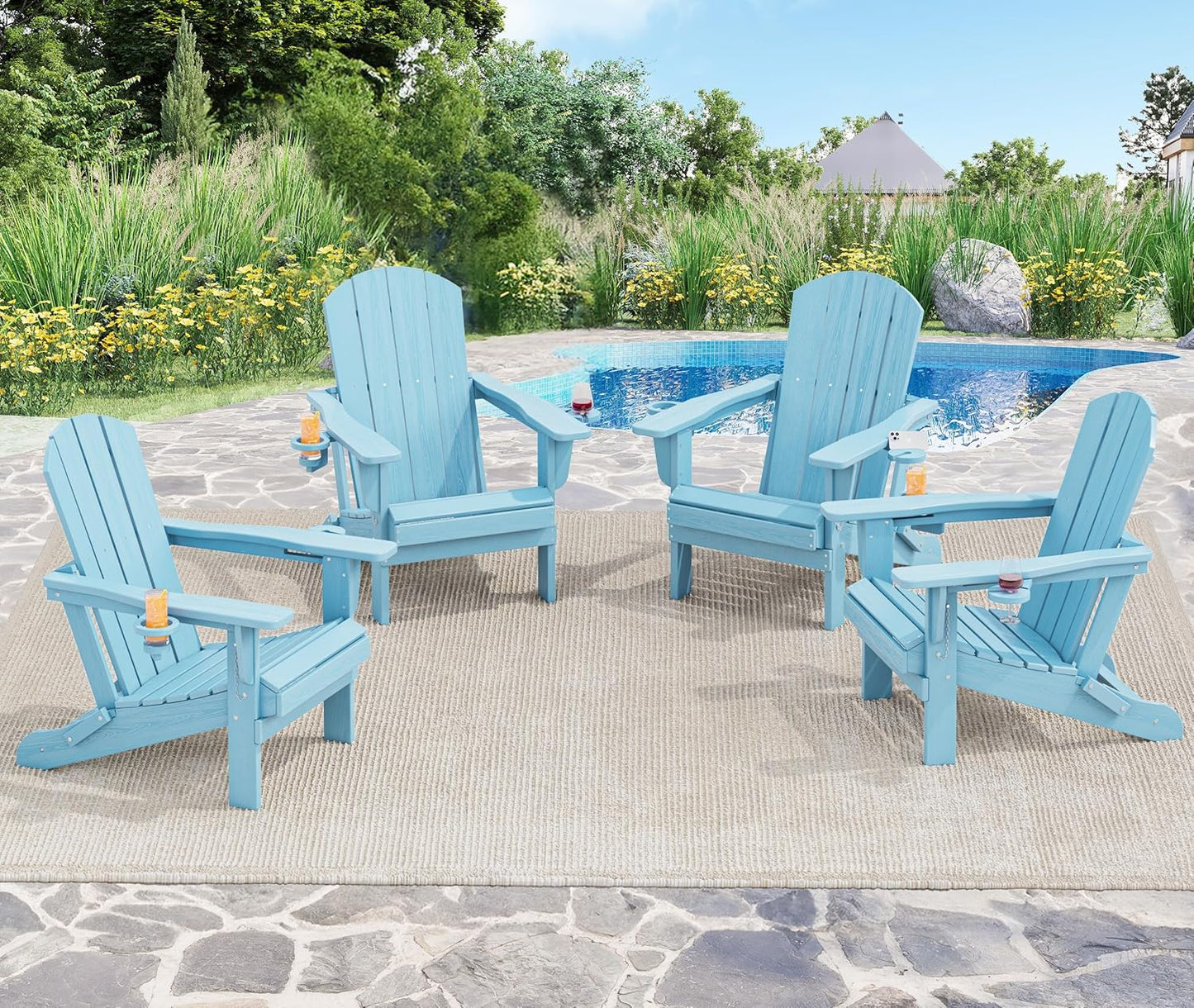 SERWALL Adirondack Chair with Cup Holders - Composite Adirondack Chairs Set of 4 HDPE Outdoor Chairs All Weather Use- Light Blue