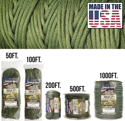 TOUGH-GRID 750 Paracord Rope Nylon Parachute Cord, Made in USA Survival Kit, Outdoor Adventures, Camping, Tactical Gear & Emergency Supplies, Military Type IV Mil-Spec