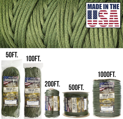 TOUGH-GRID 750 Paracord Rope Nylon Parachute Cord, Made in USA Survival Kit, Outdoor Adventures, Camping, Tactical Gear & Emergency Supplies, Military Type IV Mil-Spec