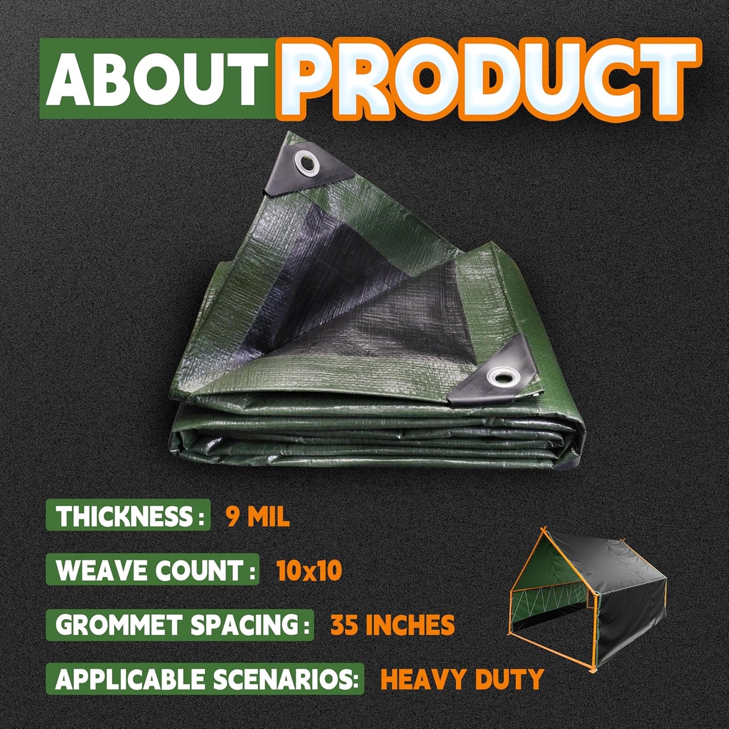 5x7 Feet Tarp Waterproof,Small Tarps,9Mil Thick,Finished Size Tarps,UV Resistant,Durable,Multipurpose Poly Tarp Cover with Metal Grommets and Reinforced Edges,Green/Black by RAINDEWAY