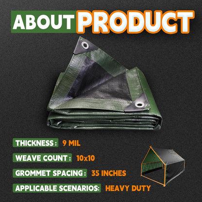 10x20 Feet Tarp Waterproof,9Mil Thick,Finished Size Tarps,UV Resistant,Durable,Multipurpose Poly Tarp Cover with Metal Grommets and Reinforced Edges,Green/Black by RAINDEWAY