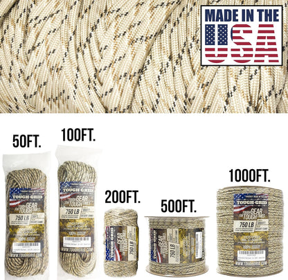 TOUGH-GRID 750 Paracord Rope Nylon Parachute Cord, Made in USA Survival Kit, Outdoor Adventures, Camping, Tactical Gear & Emergency Supplies, Military Type IV Mil-Spec