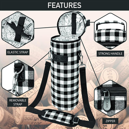 opux Wine Bag Single Bottle Carrier Tote, Insulated Wine Cooler Bag for Travel Picnic Beach with Shoulder Strap, Thermal One Bottle Holder Carrying Case Wine Gift for Women Men, Plaid Buffalo White