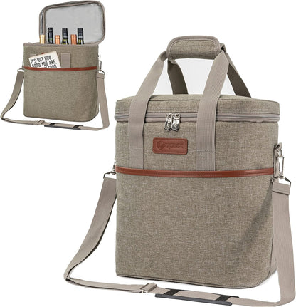 opux 6 Bottle Carrier Tote | Insulated Padded Wine Cooler Bag for Travel. Picnic, BYOB | Portable Leakproof Wine Tote Bag for Dinner, Party, Christmas, Wine Gift for Women, Men (Heather Taupe)